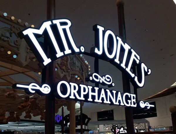 Front lit channel letters on a raceway — Mr. Jones mall storefront