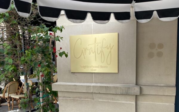 Brushed brass shop sign plaque — Gratify Bistro