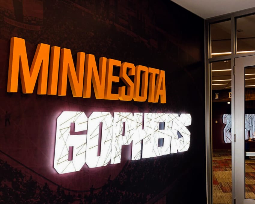 Custom-lit acrylic letters and logo with internal LED illumination for a sports facility