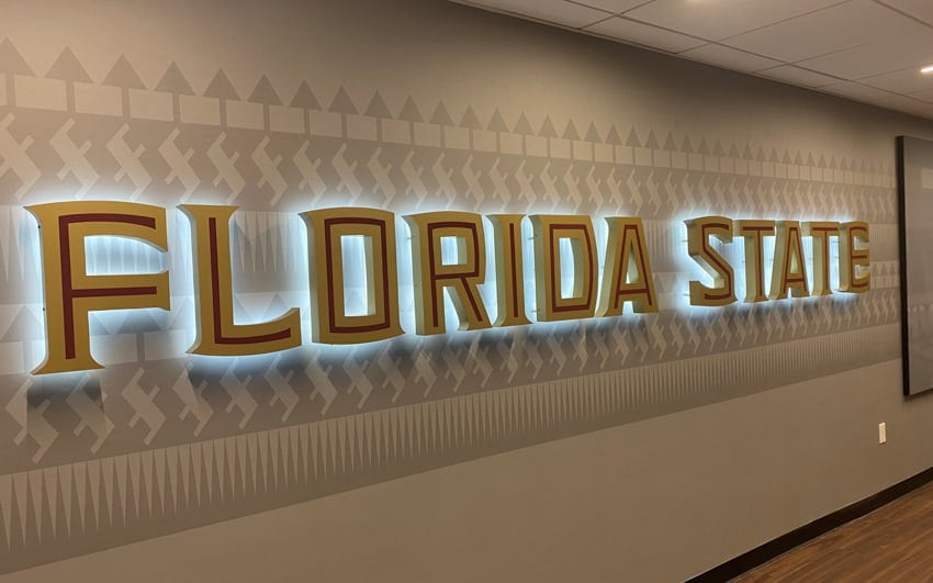 Painted backlit letters with vinyl overlay for a Florida State University athletic facility