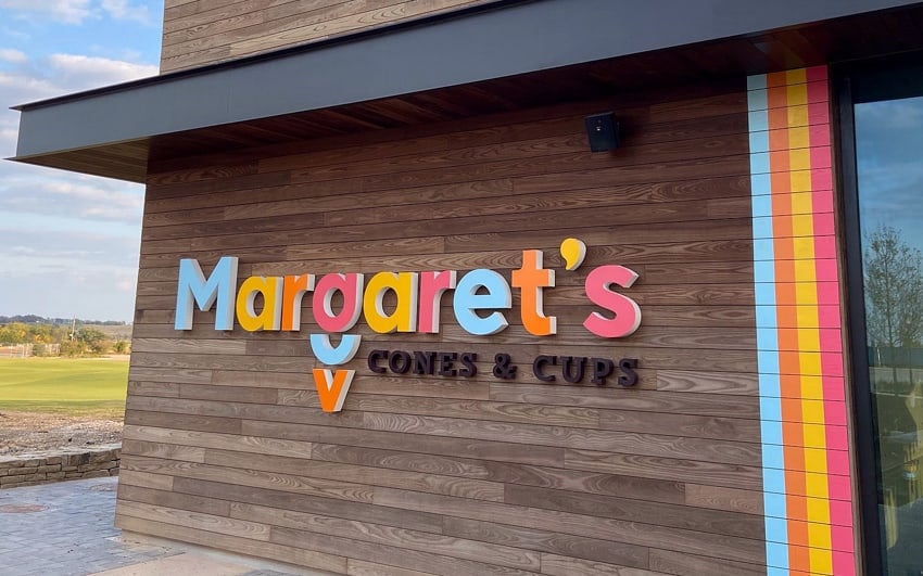 Painted fabricated storefront letters with returns — Margaret's Cones & Cups