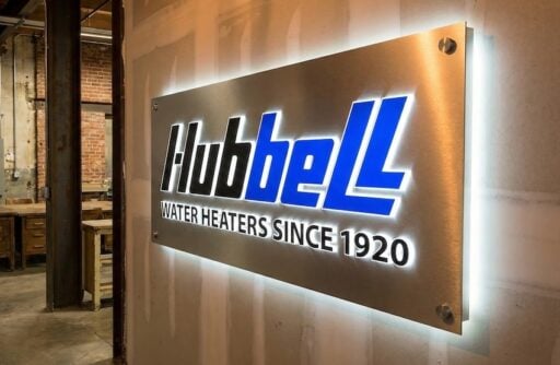 Brushed stainless push-through backlit cabinet sign with 5000K LEDs — Hubbell