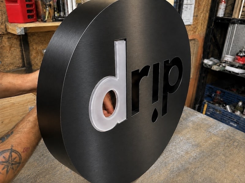Acrylic letter being test-fitted by hand into the routed opening of a brushed black push-through cabinet