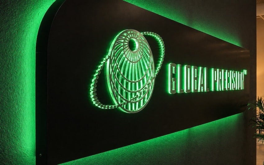 Push-through cabinet sign with green RGB LEDs washing the wall behind the cabinet