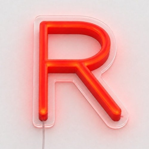 Red LED acrylic neon letter mounted on a clear acrylic backing panel cut to the letter outline