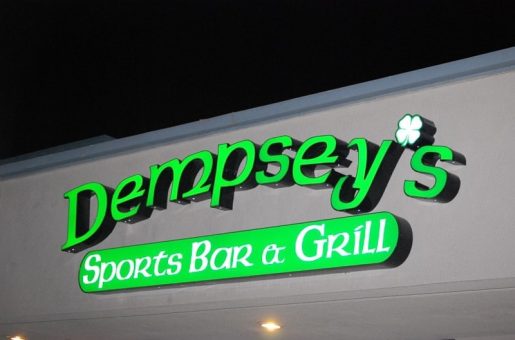 front lit channel letters and logo with capsule for outside restaurant and bar sign